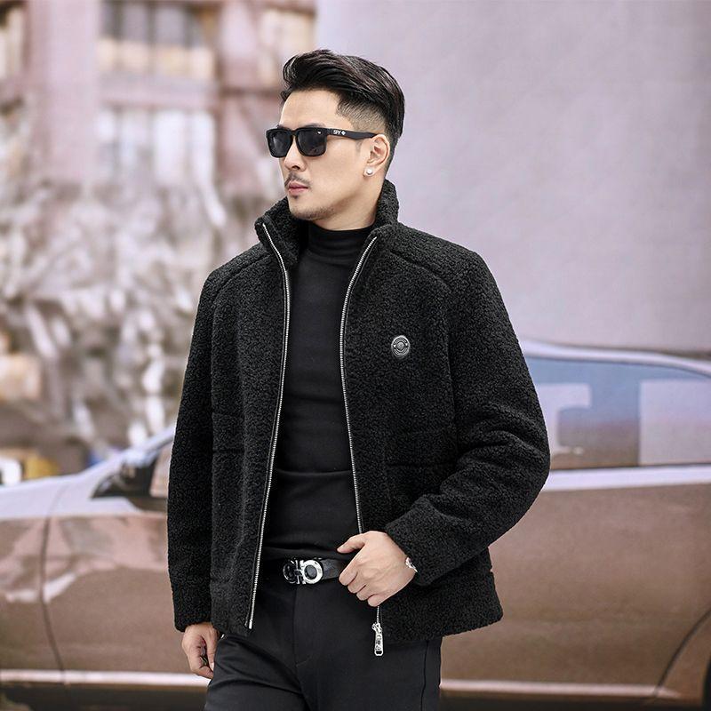Jaquetas de Pele de Cordeiro Masculinas para Outono e Inverno, Jaquetas Casuais da Moda Masculinas com Gola Alta, Casacos Espessos de Lã Granulada