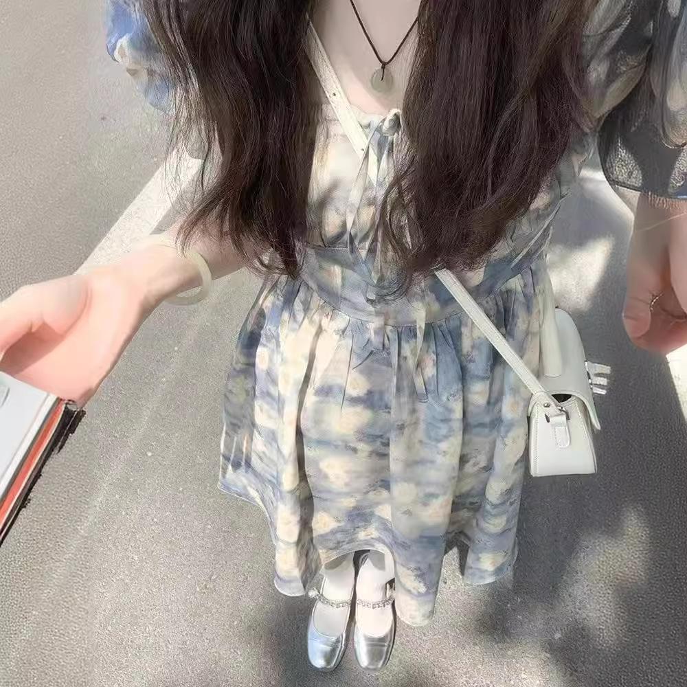 French Square Neck Puff Sleeve Floral Dress - Summer 2024 Waist-Slimming A-Line Skirt for Women