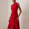 Rochie Midi Elegantă Roșie Fără Mâneci pentru Femei Gât Rotund Talie cu Fundă Tiv cu Volane Linie A Rochie Formală de Seară pentru Petrecere de Nuntă Cocktail Birou Purtare Zilnică
