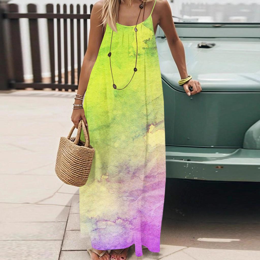 Dámské Módní Ležérní Volné Šaty s Květinovým Potiskem a Úzkými Ramínky Bez Zad