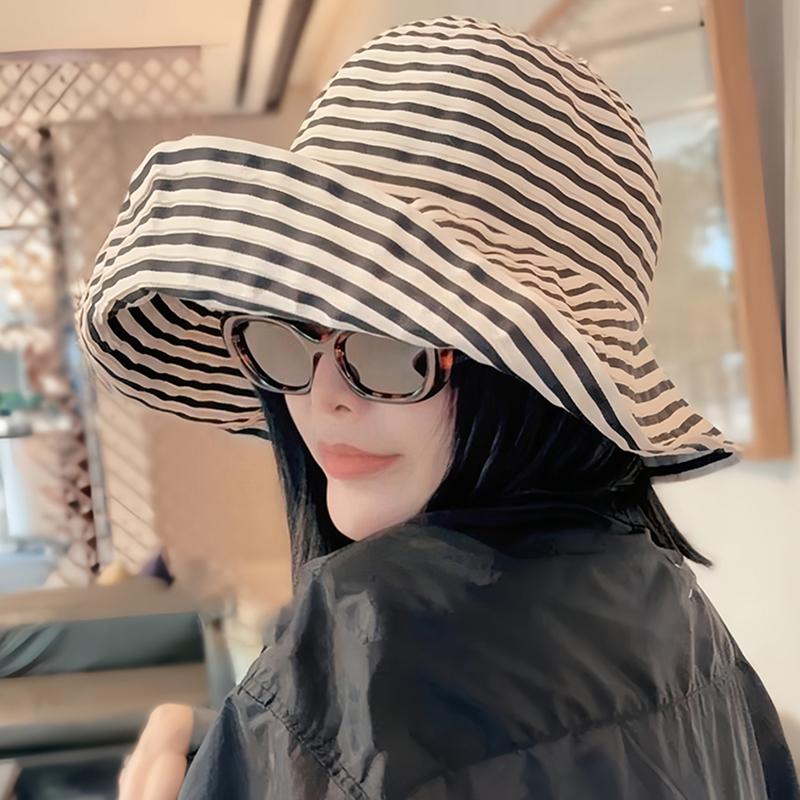 Japanese-style foldable summer striped fisherman hat for women, new long sunscreen hat, fashionable bucket hat for large head circumference, sun hat