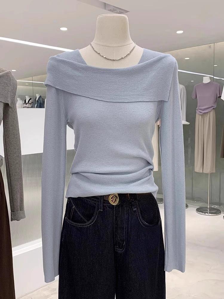 Irregular one-word collar off-shoulder top women's spring soft waxy knitted sweater temperament slim-fitting bottoming shirt