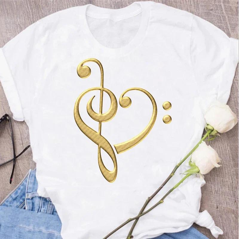 Damen T-Shirt Musik Oberteile Kurzarm Schwarz T-Shirt Damen Lässig Neu Harajuku Lustig Musiknote Kunst T-Shirt Mode