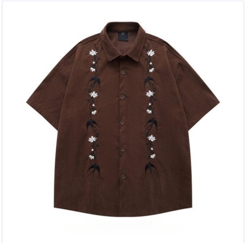 Men's Floral Swallow Embroidered Oversized Short Sleeve Button Down Shirt Casual Streetwear Top