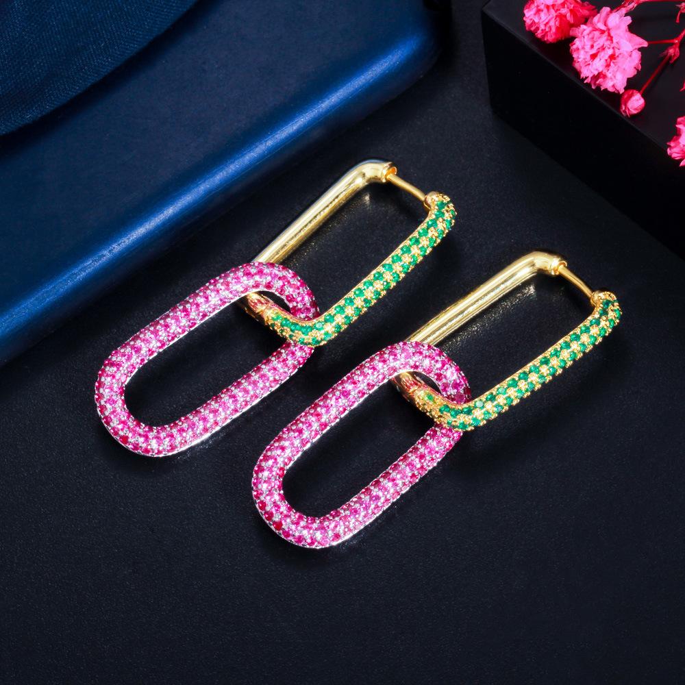 Popular Geometric Lock Small Earrings Colored Zircon Vintage Buckle Copper Plated 18K Gold Micro-Inlaid Zircon Earrings