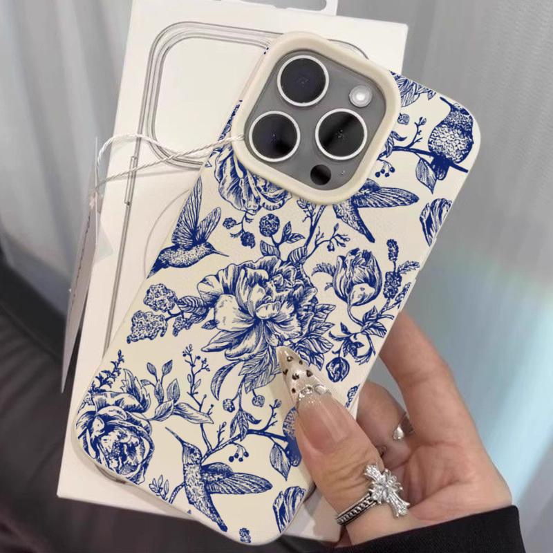 Blue Retro Floral Bird Pattern Phone Case For iPhone 17 16 Pro Max 15 14 Plus 13 12 11 Pro Max 16E 17 Air X XR XS Max Soft Cover