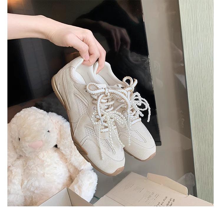 2025 spring new platform sports shoes comfortable soft sole breathable dad shoes pearl lace-up silver casual women's shoes