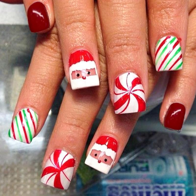 Christmas Press on Nails Medium Square Fake Nails Xmas Nails Press ons with Winterberry,Candy Cane,Snowflake,Santa Hat Design Reusable Artificial