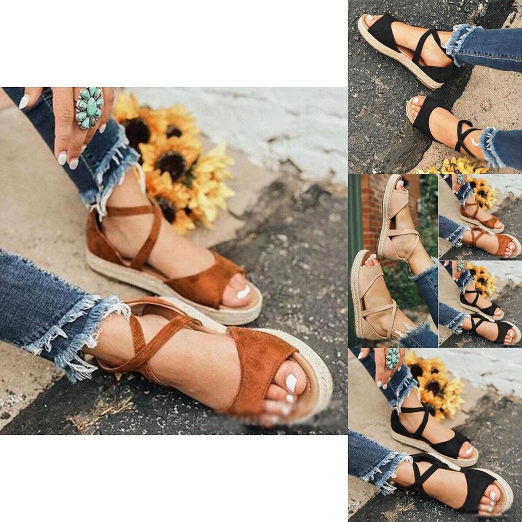 Chic And Comfortable Women Ladies Flat Espadrille Sandals With Low Wedge Heel Peep Toe Design