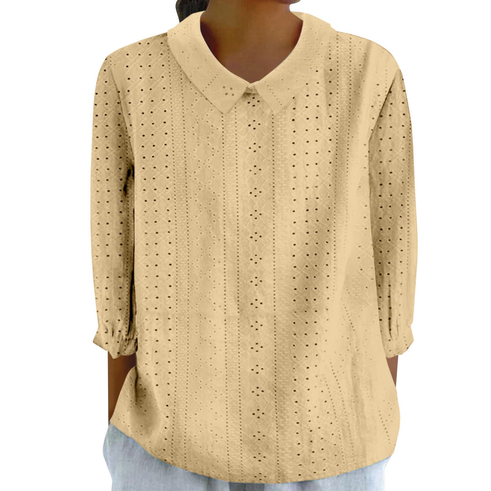 

Women s V-Neck 3/4 Sleeve Lace Knit Top with Breathable Eyelet Design in 8 Colors 3XL жовтий