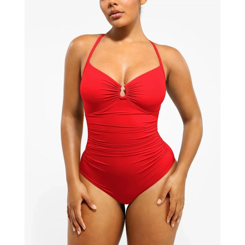 New Solid Color Fashion Meat Cover and Thin One-piece Women's Shoulder Straps Swimsuit Swimsuit