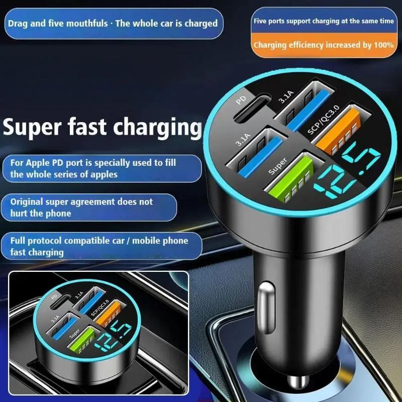 PD nabíječka do auta QC3.0 rychlé nabíjení Zásuvka do zapalovače cigaret do auta 1 až 5 portů nabíječka do auta flash nabíjení s digitálním displejem