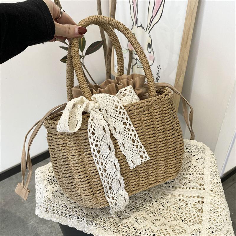 Women Straw Woven Drawstring Handbag Girls Solid Color Holiday Purse Crossbody Beach Bags Summer Rattan Tote