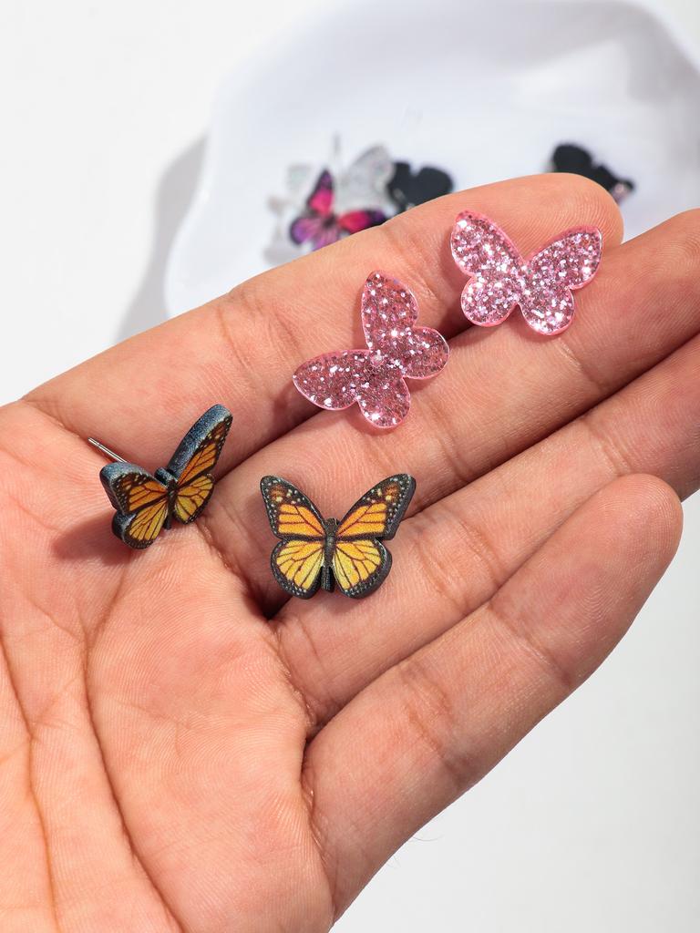 New 3pair/set Glitter Butterfly Acrylic Mini Stud Earrings for Women Girls Cute Colorful Moth Earring 2025 Holiday Jewelry Gift