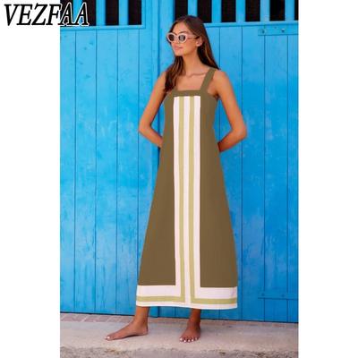 Moda Feminina Verão Primavera Estampado Listrado Sem Mangas Suspensórios Cintura Solta Vestidos Casuais