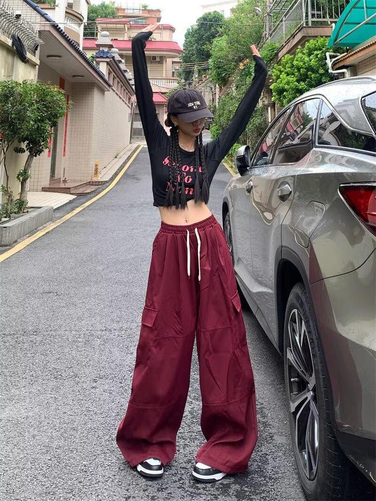 Retro High-Waisted Wide Leg Cargo Pants for Women - Street Dance Hip Hop Trousers, Straight Leg, Floor-Length