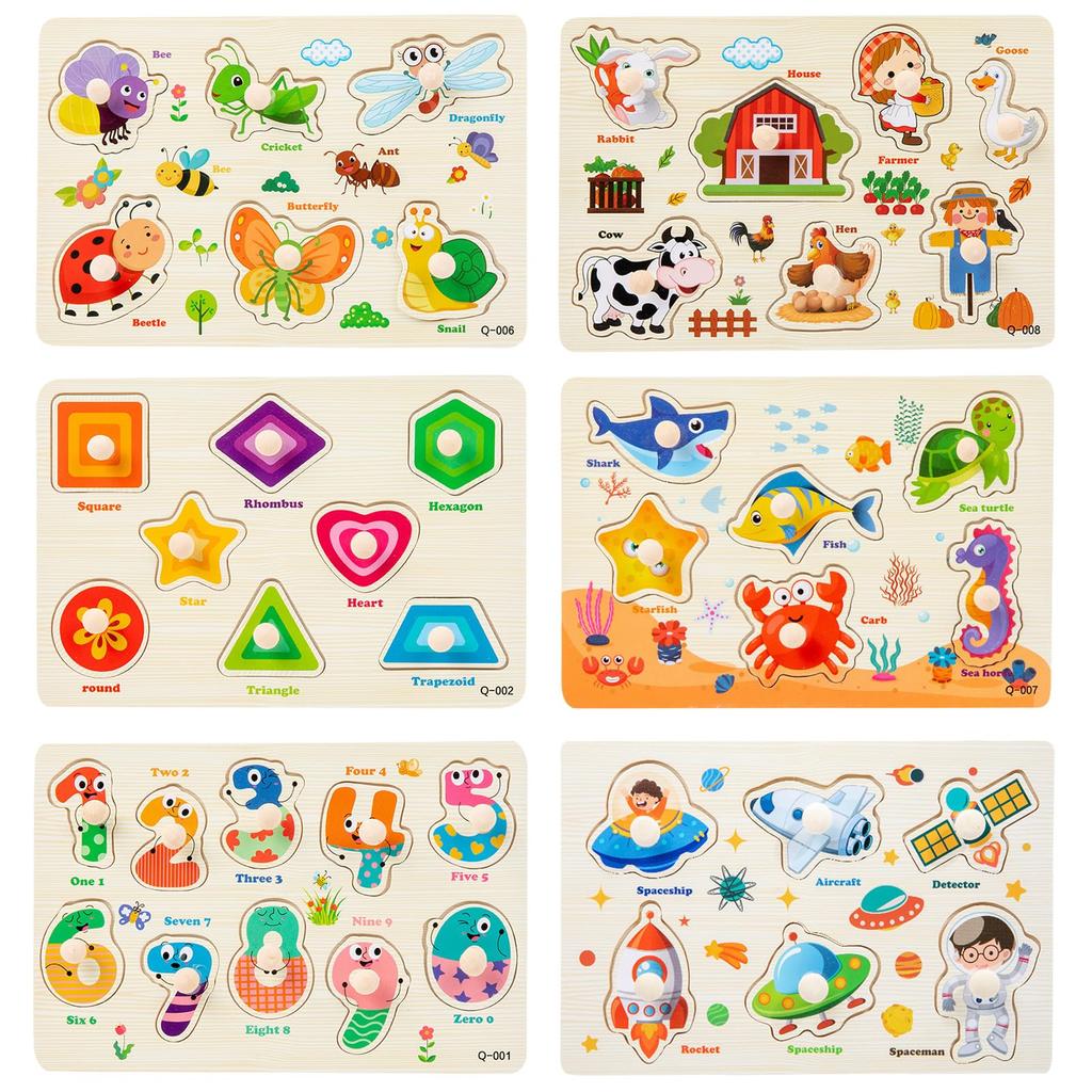 Drewniane Puzzle Dopasowywanie Kształtów Edukacyjna Zabawka Montessori Kolor Kształt Palce Dziewczynki i Zestaw Prezentowy na Urodziny, Zestaw 6 Elementów, Dzieci, Zabawka, Zmysł,