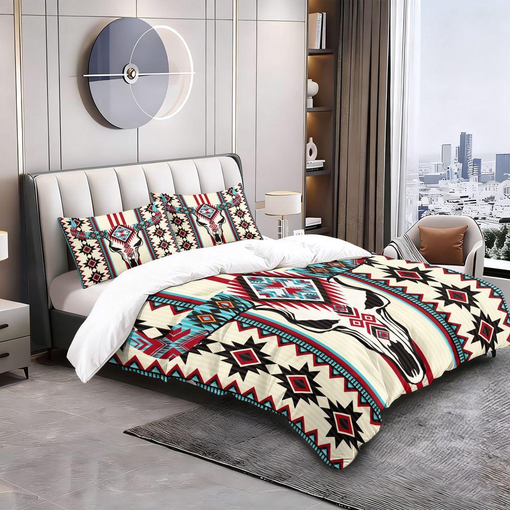 2/3Pcs Boho Bull Skull Print Duvet Cover Set (1 Duvet Cover & 1/2 Pillowcase) Tribal Western Bedding Set Bedroom Decor