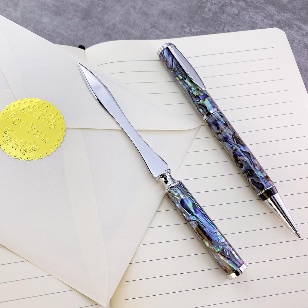 LACHIEVA LUX Luxury Abalone Shell Metal Ballpoint Pen and Shell Letter Opener Set, a Great Pen Gift for Men and Women