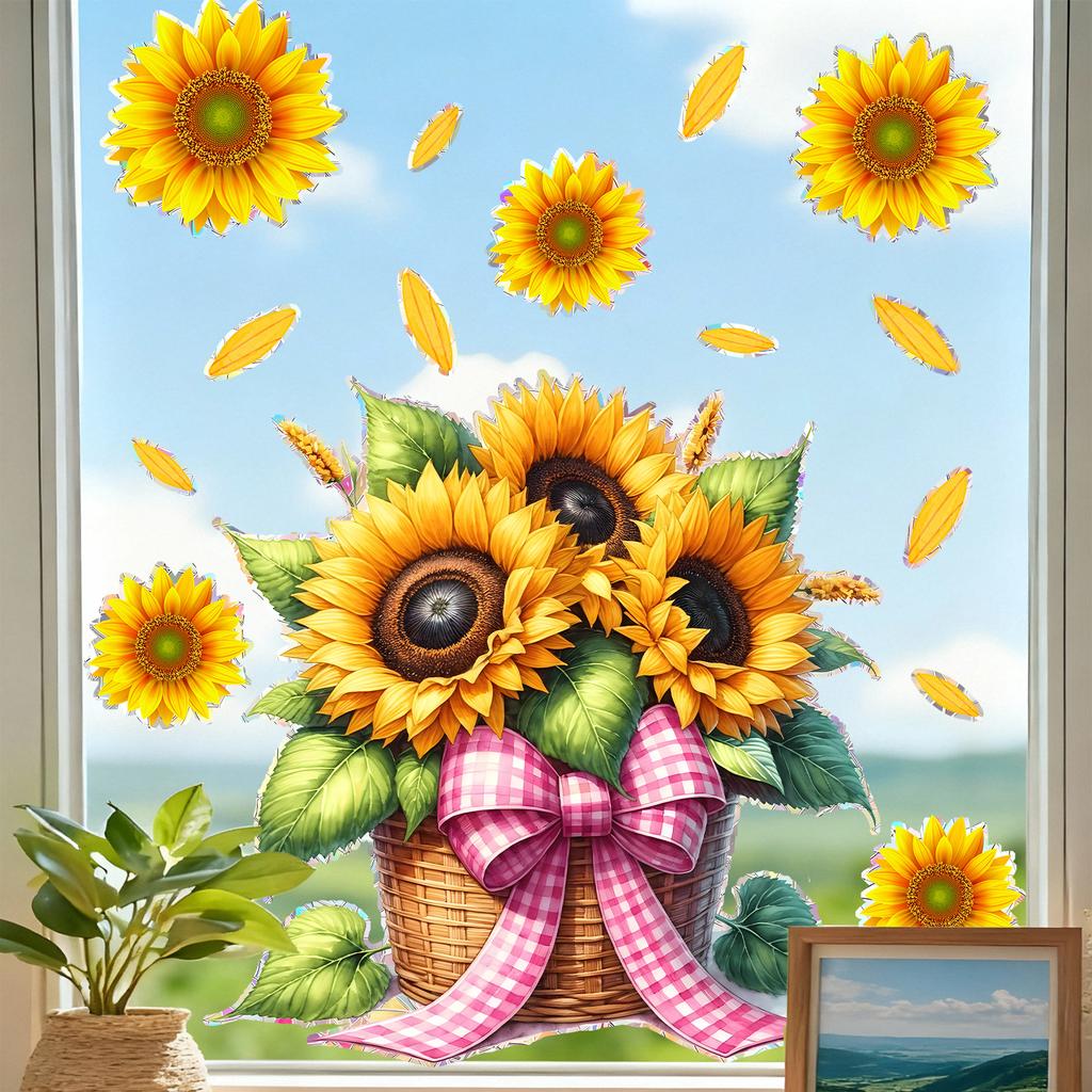Static Cling Sunflower Basket Stickers for Balcony Bedroom Living Room Home Decor