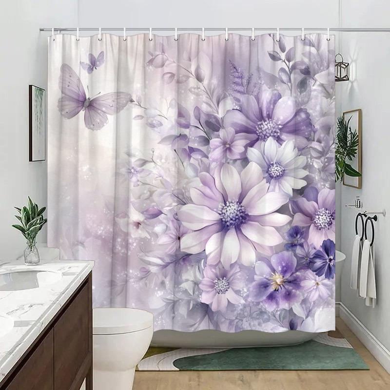 1 ks Fialová květinová sprchová závěs s motýly - Fialové sedmikrásky a astry, Snové gradientní pozadí, Polyester, 70,8 x 70,8"