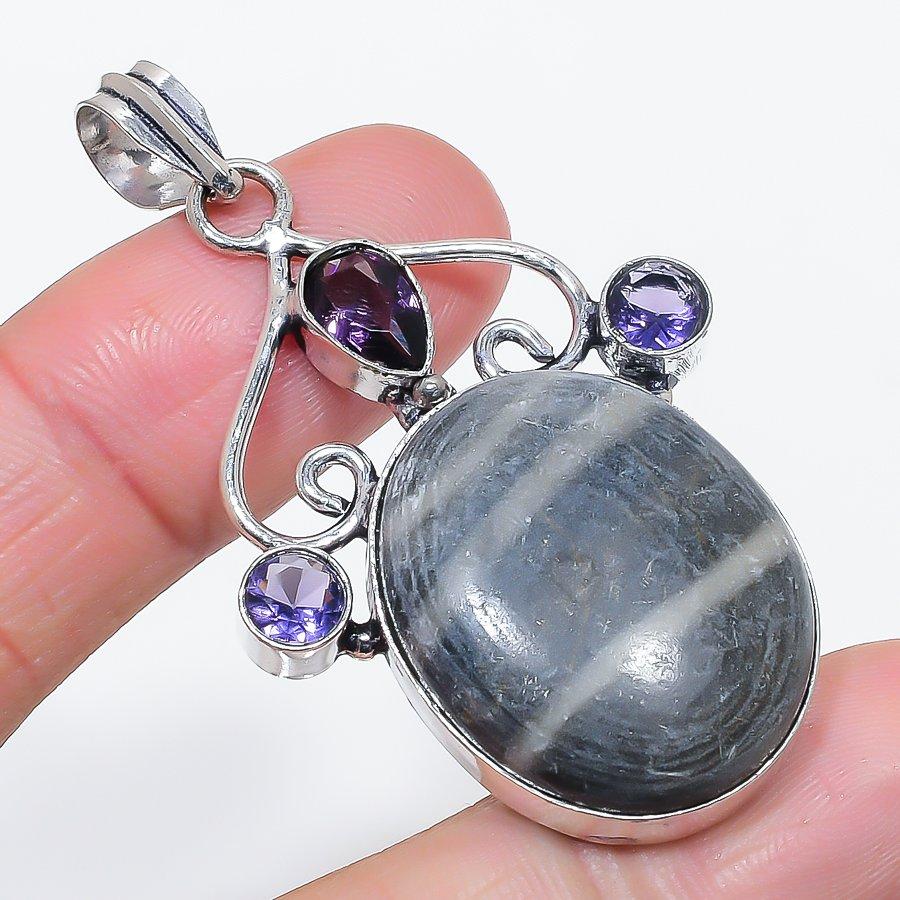 Natural Imperial Jasper, Amethyst 925 Sterling Silver Jewelry Pendant 2.32" W2P93
