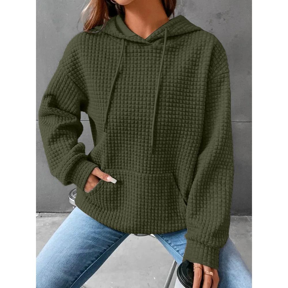 Women's Hooded Sweatshirt Spring and Autumn Style Waffle Fashion Beautiful Solid Color Hooded Drawstring Loose Sweatshirt