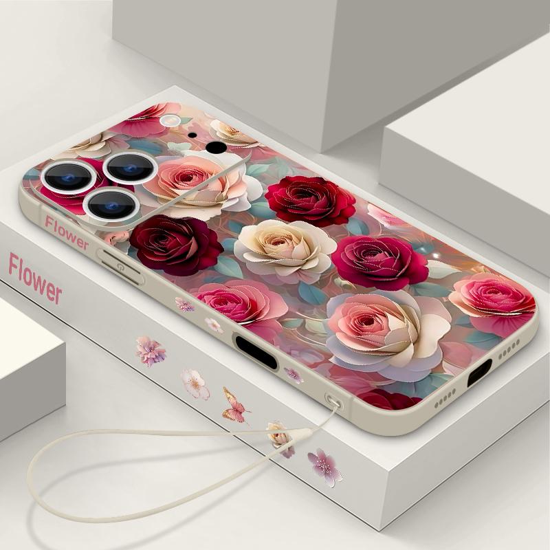 Oil Painting Rose Flowers Lanyard Case For iPhone 17 Pro Max Soft Silicone Cover For iPhone 16 Pro Max Funda iPhone 15 14 13 12 11 16E