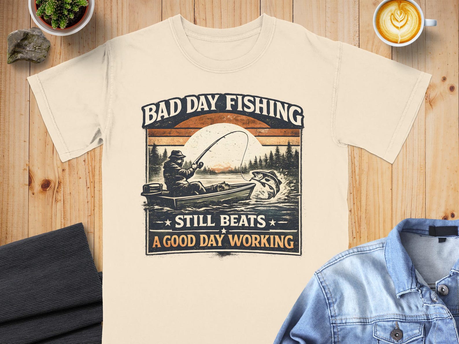Bad Day Fishing T-Shirt, Still Beats Good Day Working, Fisherman Gift, Funny Bass Fishing Apparel, Vintage Lake River Tee, Outdoor Adventure S