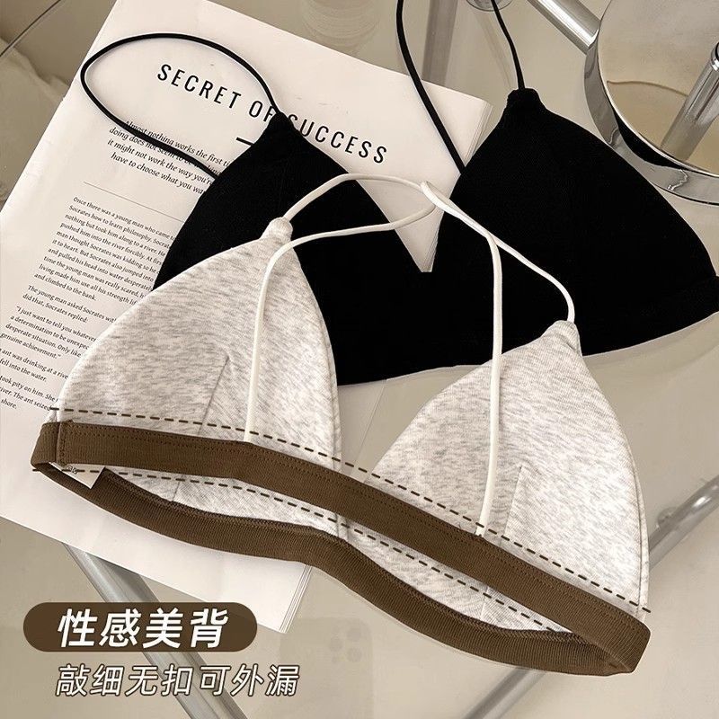 Summer deep V French triangle cup contrasting color beautiful back underwear women's small chest seamless thin without steel ring sexy bra cover