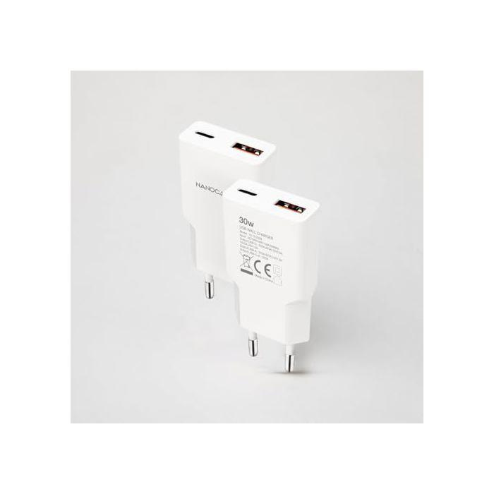 Chargeur USB-C/PD Et USB-A/QC 30W - Nano Cable - Charge Rapide Double - Blanc - 81x36x15 Mm