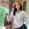 Women's Ribbed V-Neck Long Sleeve Slim Fit Knit T-Shirt