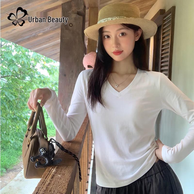 Women's Ribbed V-Neck Long Sleeve Slim Fit Knit T-Shirt
