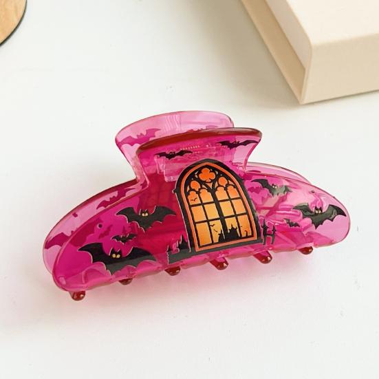 Hair Claw for Women, Halloween Themed Hair Clip with Pumpkins Bats Skeletons Prints, Transparent Acrylic Shark Hair Claw, Comfortable Fit Hair