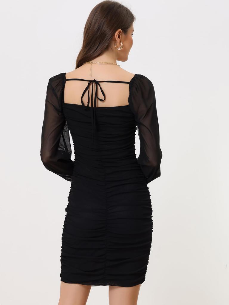 Allegra K Women's Elegant Puff Sleeve Mesh Bodycon Dress with Lace-Up Detail, Black, Size S