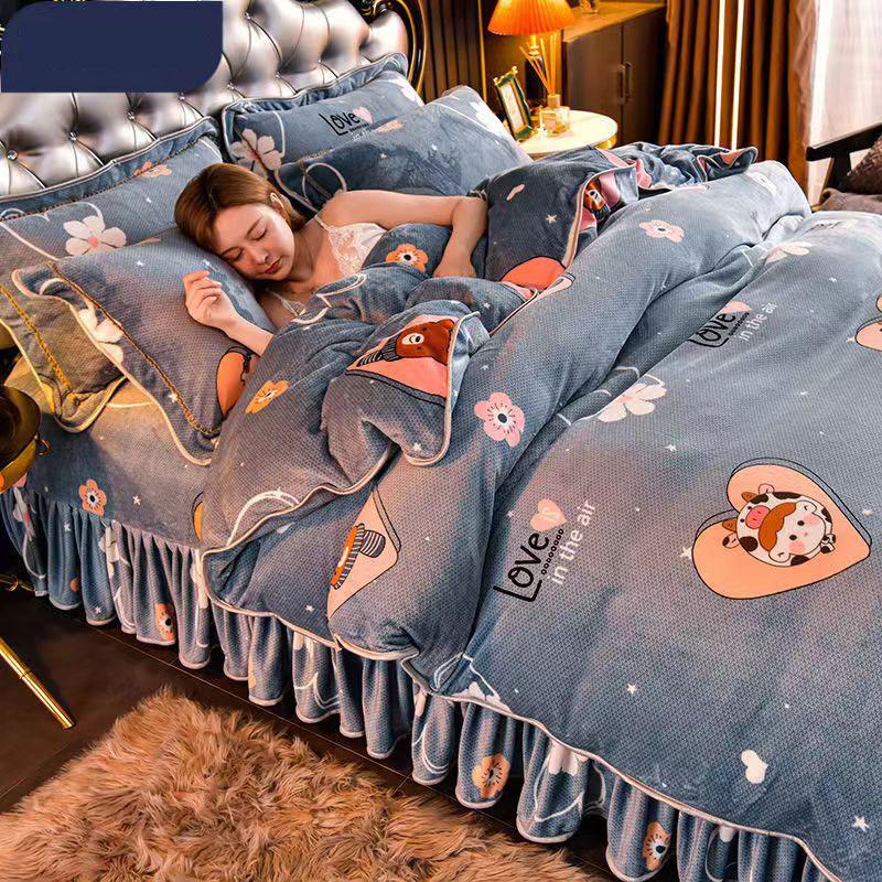 King Size/Queen Size/Twin Size Winter Milk Fleece Postýlka Sukně Povlak na polštář Povlak na polštář Čtyřdílná sada Zahuštění Teplé Jednoduché povlečení Vysoká kvalita