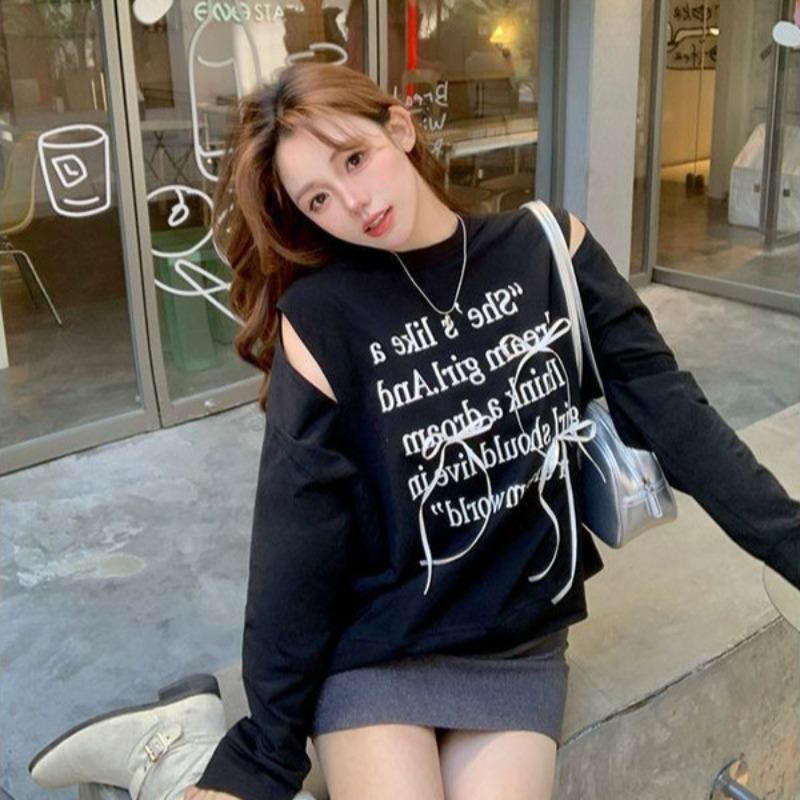 Autumn and Winter New Style Korean Design Bow Hollow Off-shoulder Letter Print Long-sleeved Off-shoulder Sweatshirt for Women