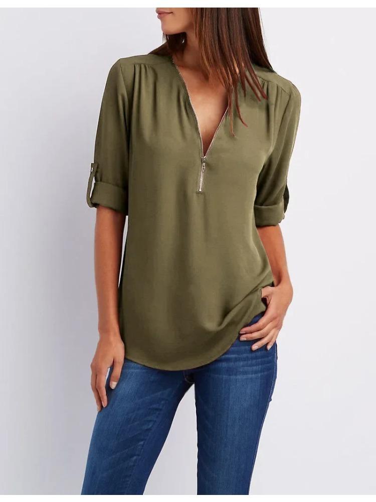 

2026 Women Cool Loose Shirt Deep V Neck Chiffon Fashion Blouse Casual Ladies Tops Sexy Zipper Pullover Plus Size S зелёный