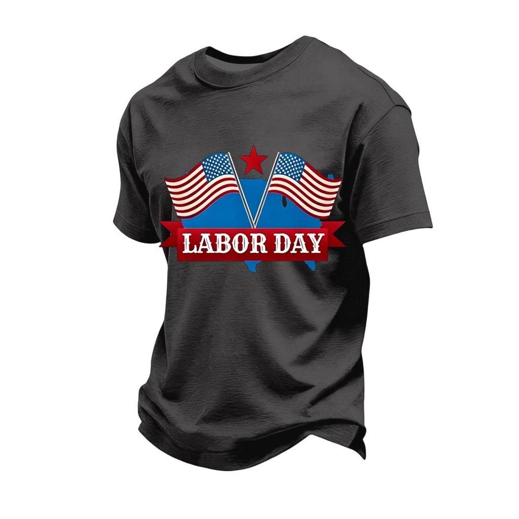 Men's Loose Fit Short Sleeve Casual T-Shirt Labor Day Printed Crew Neck Cotton Blend Top for Everyday Wear