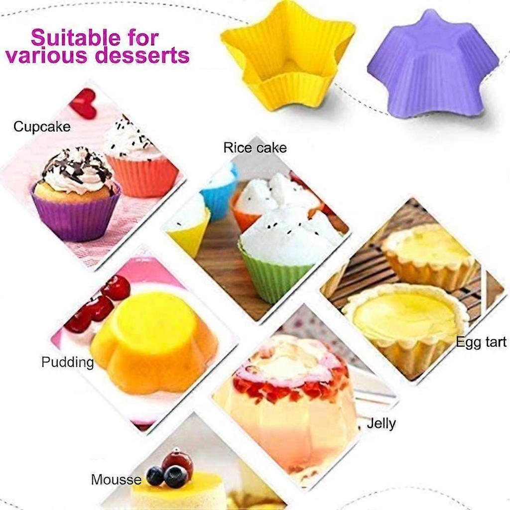 24 PCS Silicone Cupcake Liners Reusable Baking Cups Easy Clean Pastry Molds 4 Shapes Round Stars Heart Flowers