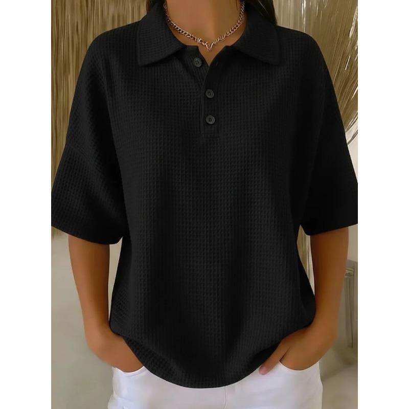 TIFICY Women's Fashion Casual Summer Spring Solid Color Print Short Sleeve POLO Neck Blouses & Shirts