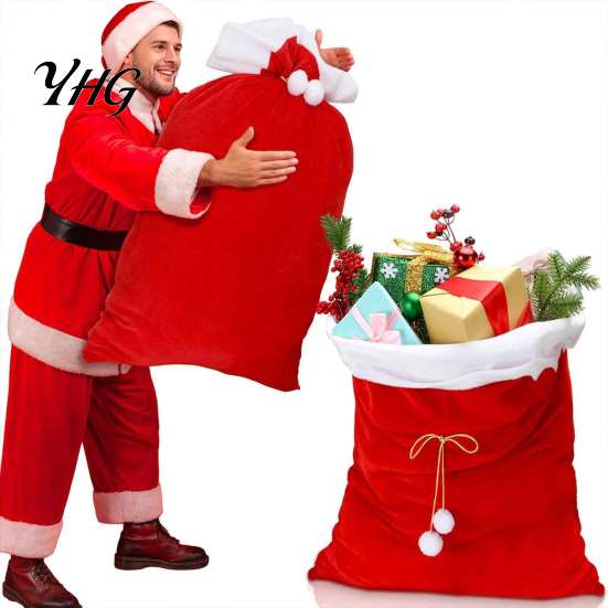 Small Gift Pouches for Christmas Velvet Santa Bags, Large Red Soft Fabric Present Sack Flannel Carriers with Drawstring Closure, Reusable Claus