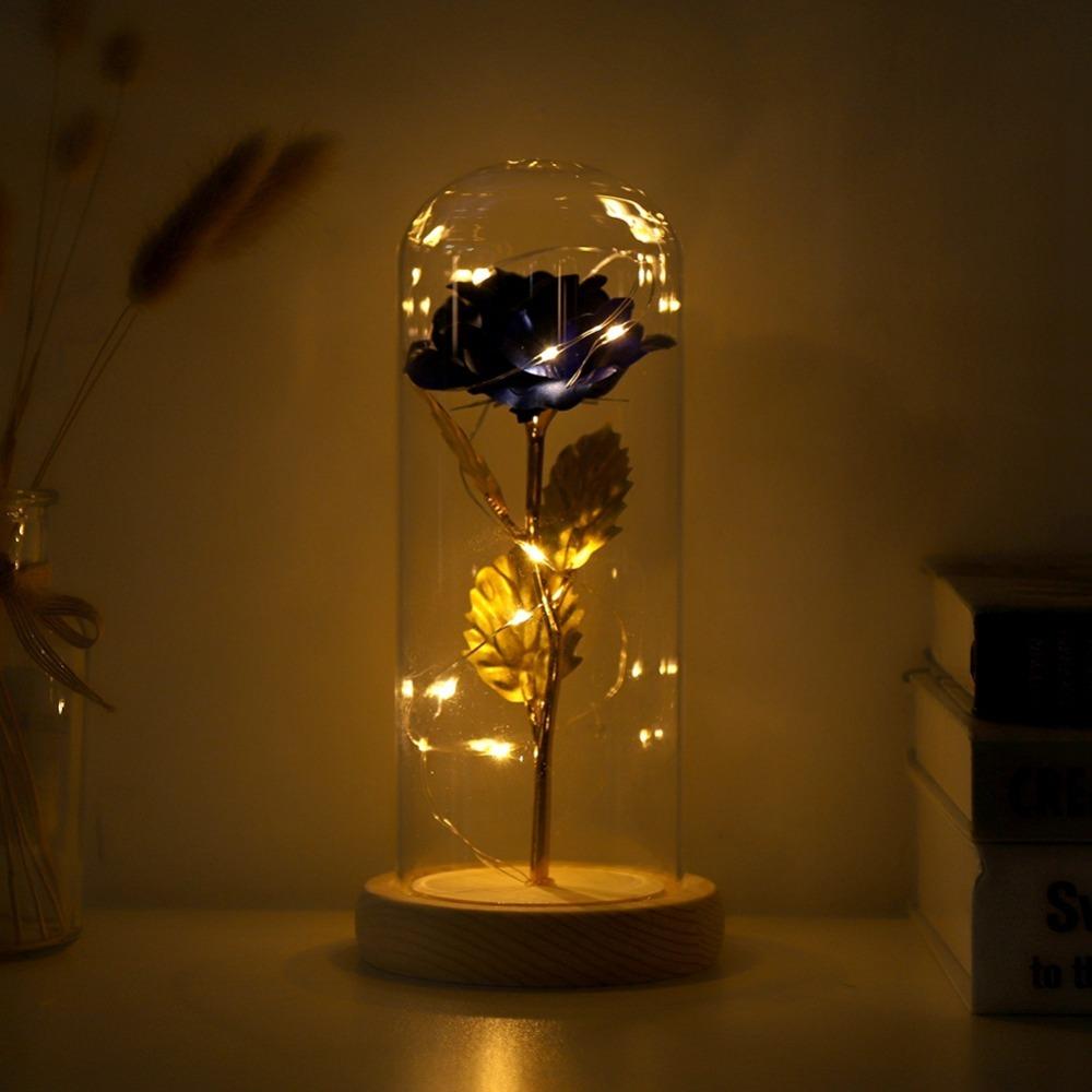 Glass Cover Preserved Rose Flower Wooden Base Artificial flowers Rose LED Light  Valentine's Day