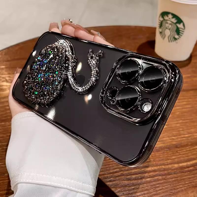 A Fully Transparent 14 Protective Case Suitable for IPhone16 Phone Cases, Featuring "Swan's Love" with Sand and Diamonds and "Apple 15pro"