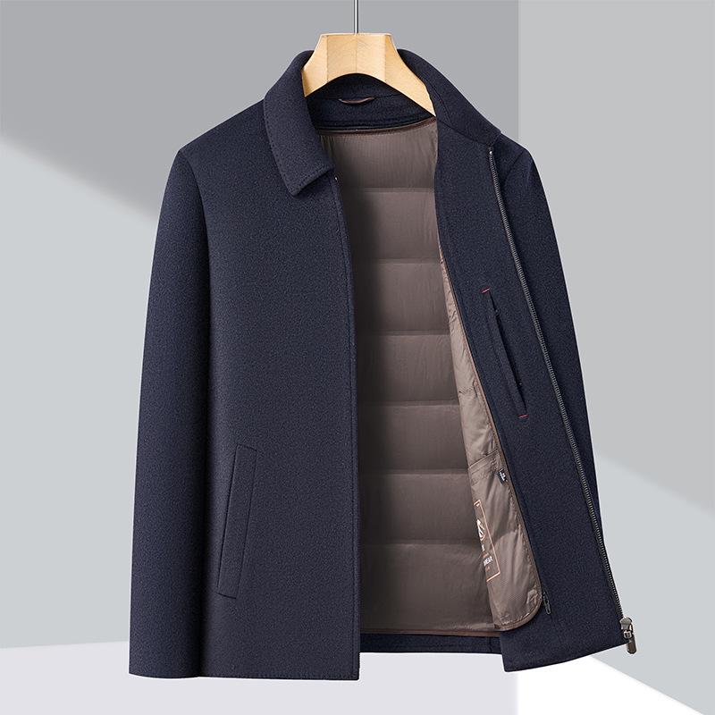 Men's Winter Wool Coat with Detachable Down Liner - Thickened, Double-Sided, Short, Lapel Style for Middle-Aged Men