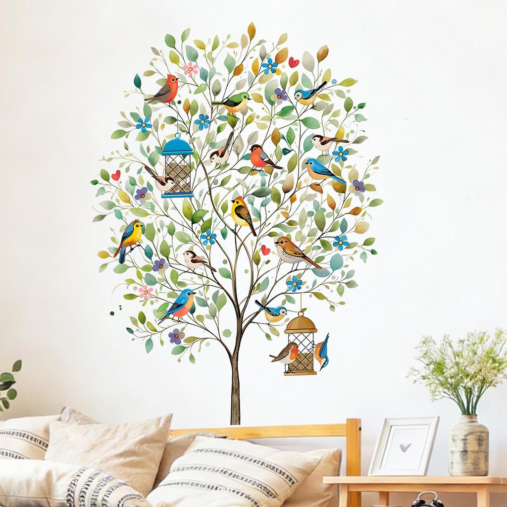 Fresh Flowers Birds Trees Self-adhesive Waterproof Living Room and Bedroom Stickers