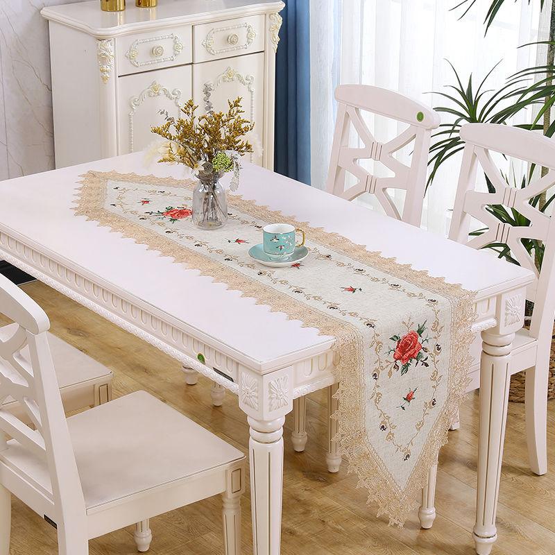 Minimally Embroidered Polyester Fabric Table Flag with Rural Style Art Flower Lace Edge Embroidered Table Flag European Light Luxury Tablecloth