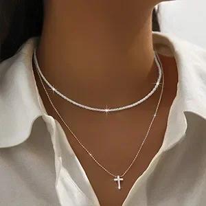 New Temperament Shiny Double Layer Cross Pendant Cross Pendant Necklace for Women Charm Collarbone Chain Jewelry Accessory Gift