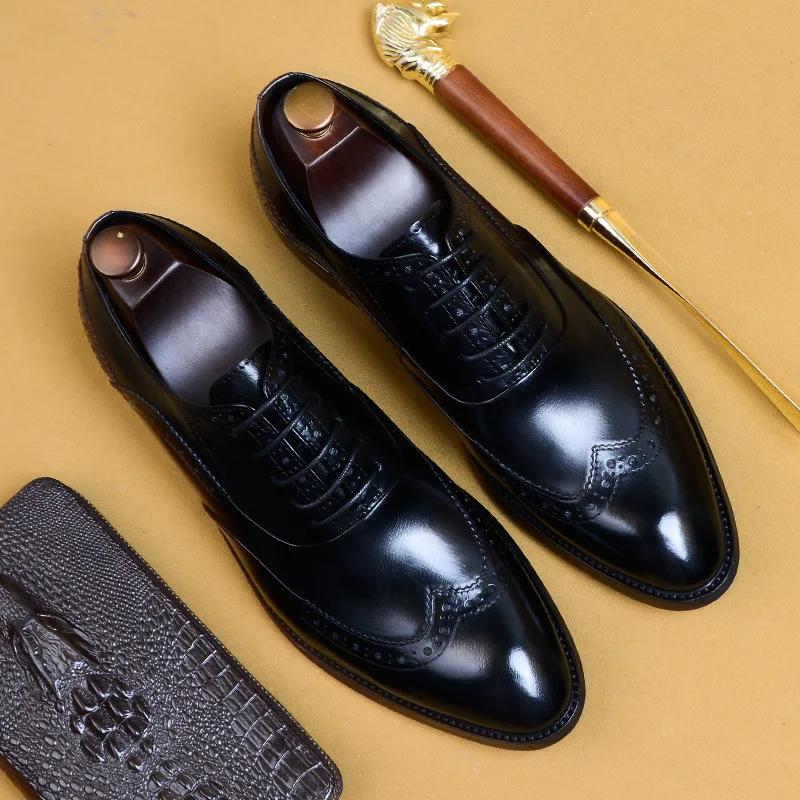 Genuine Cow Leather Brogue Wedding Business Men Casual Flats Vintage Handmade Oxford Shoes for Men Black Burgundy 2024