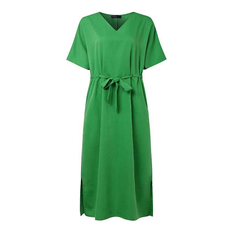 ZANZEA Womens Casual V-neck Solid Color Loose Half Sleeve Long Dress
